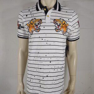 NWT Switch Remarkable Ltd Edition White Polo Shirt Striped Tiger Roses Medium